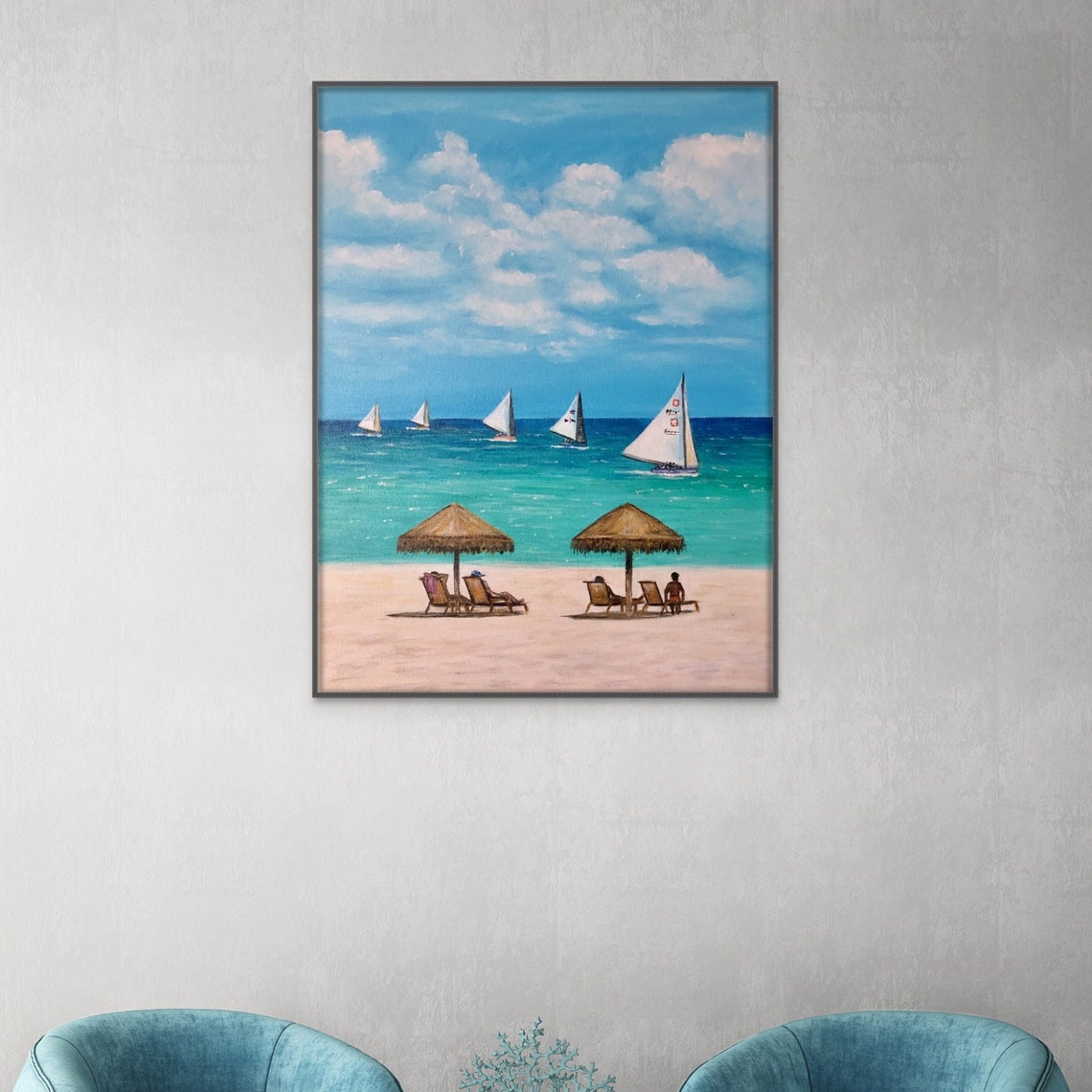 Sailboat Regatta Race Turquoise Beach Thatch Umbrella Coastal Poster - Image 4