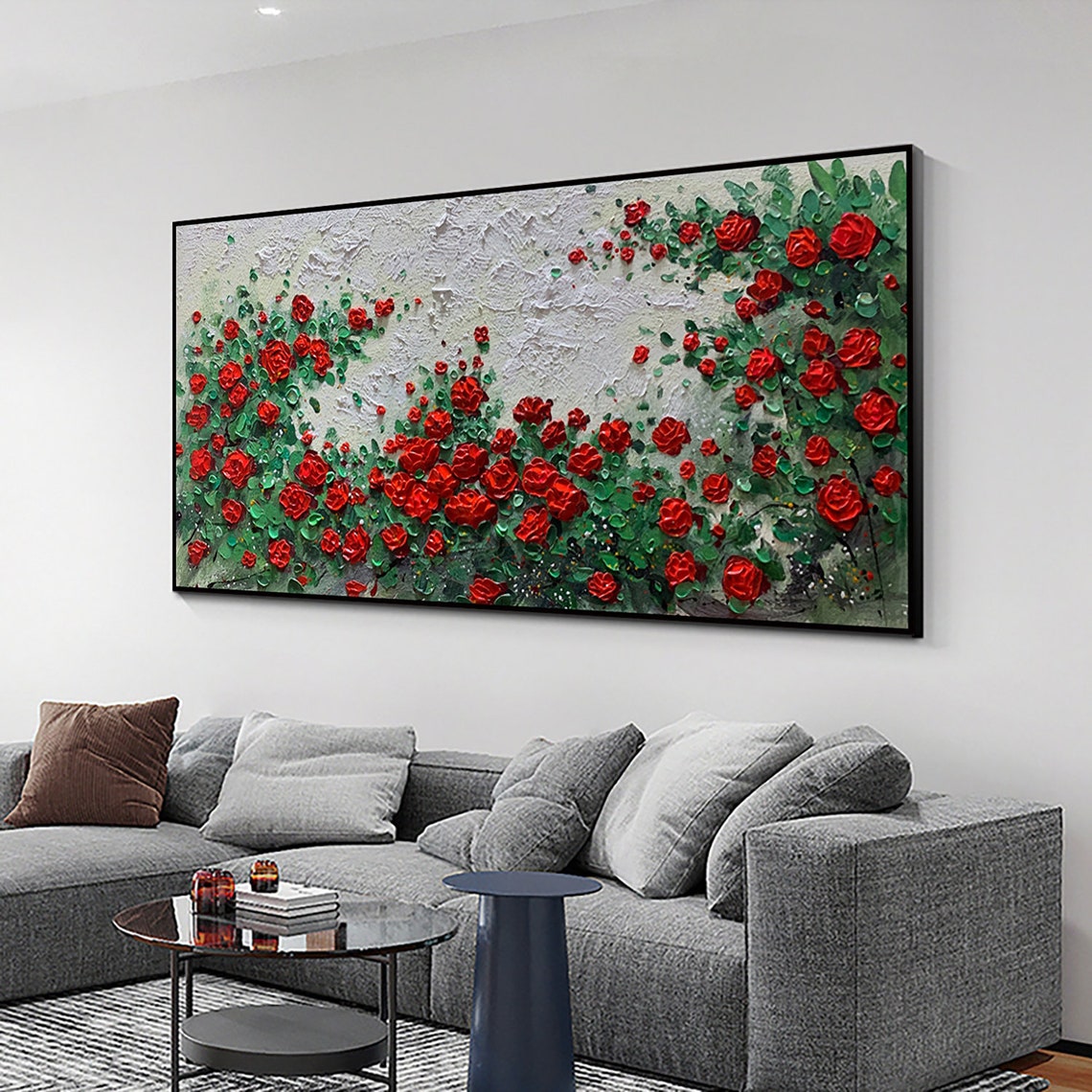 Red Roses Horizontal Panoramic Blooming Rose Bush Impasto Poster - Image 3