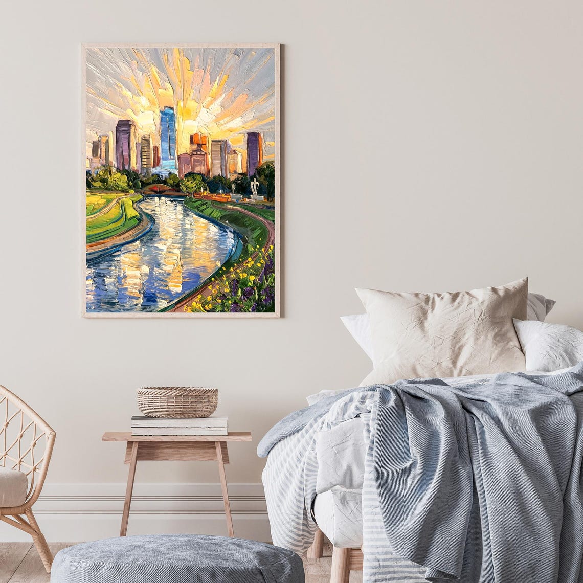 Fort Worth Sunset Skyline River Reflection Oil Painting Poster - Image 2