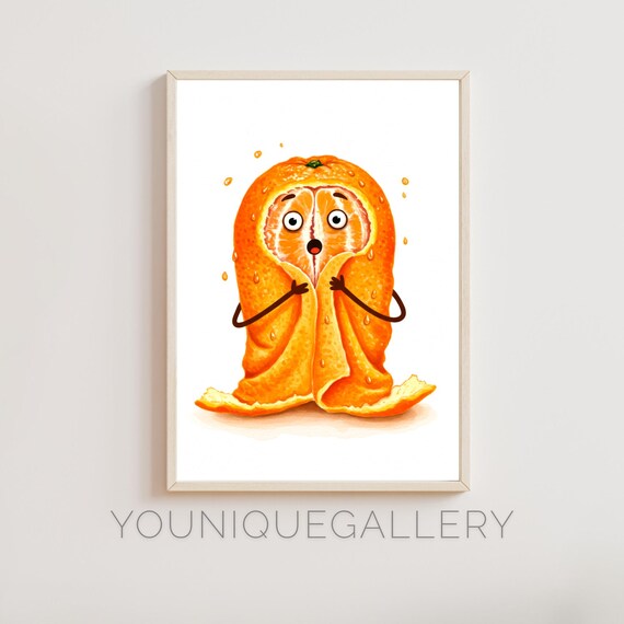 Funny Orange Character Watercolor Print Cute Citrus Kitchen Wall Art Fruit With Face Food Humor Illustration Kitchen Decor