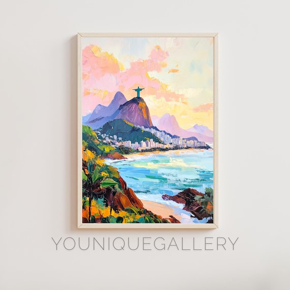 Christ The Redeemer Rio De Janeiro Corcovado Beach Sunset View Painting Poster
