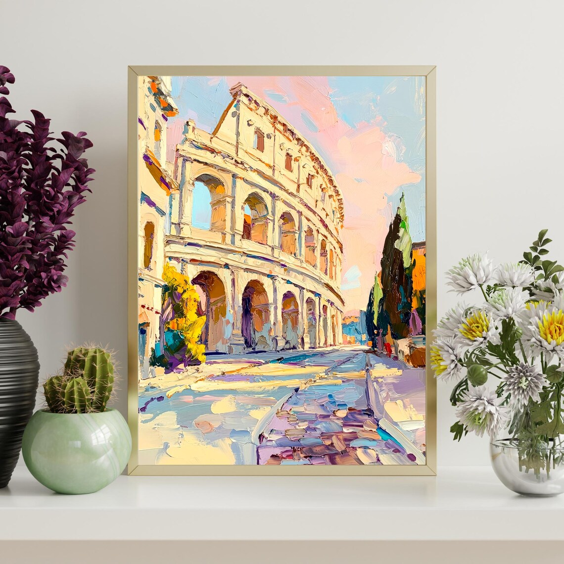 Colosseum Rome Ancient Amphitheater Arches Pastel Sunset Street Painting Poster - Image 4