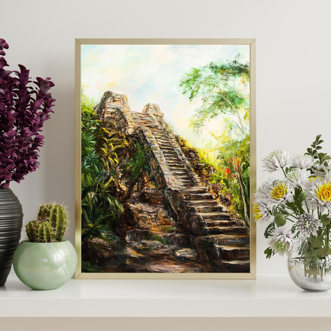 Copan Ruins Honduras Mayan Jungle Temple Staircase Oil Painting Poster - Image 4