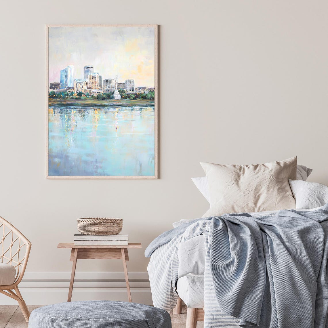 Waterfront City Skyline Soft Pastel Impressionist Oil Wall Art - Image 2