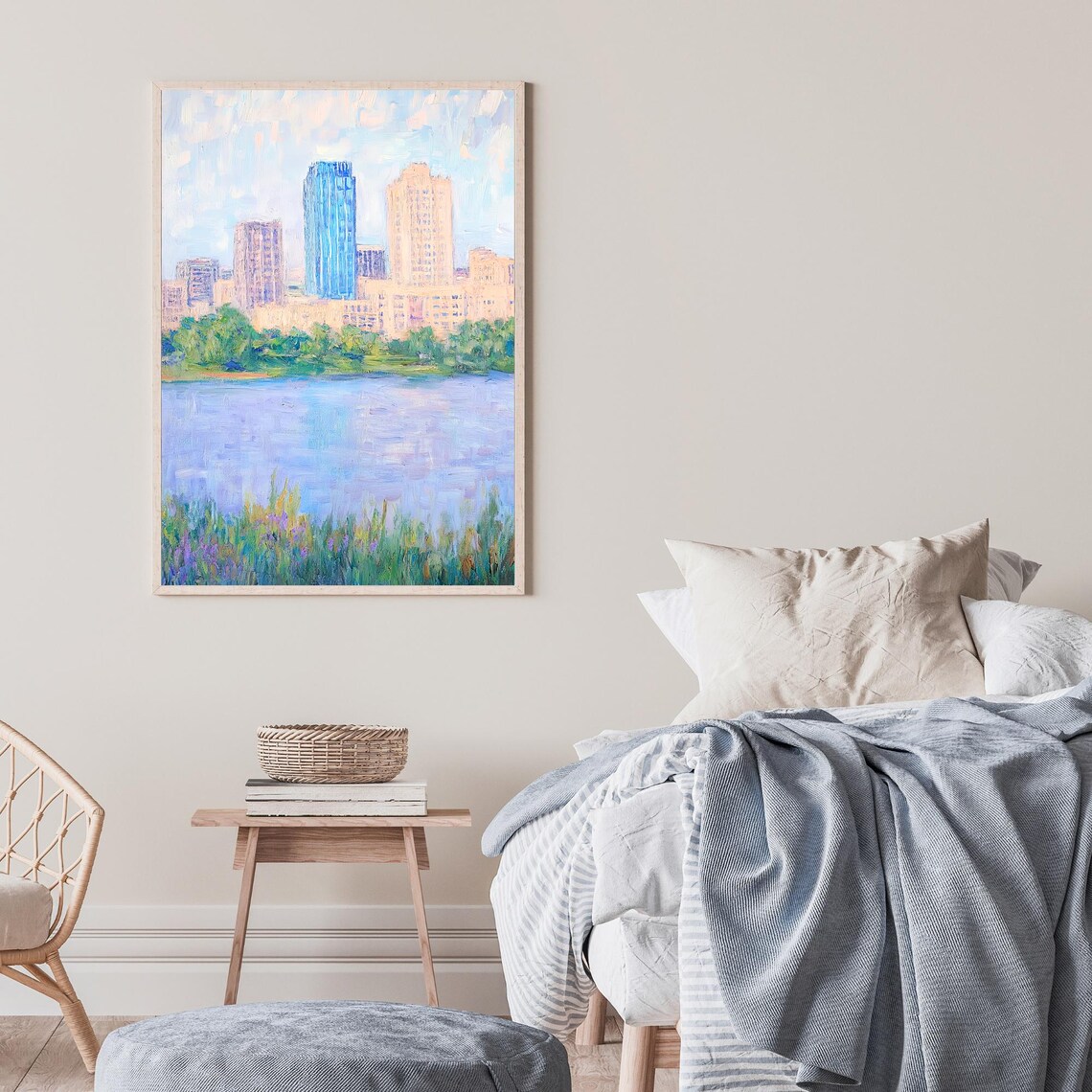 Tulsa Oklahoma Downtown Skyline Lake Wildflower Oil Painting Poster - Image 2