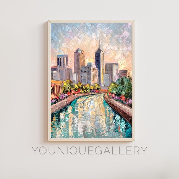 Indianapolis Canal Skyline Sunset Reflection Oil Painting Poster