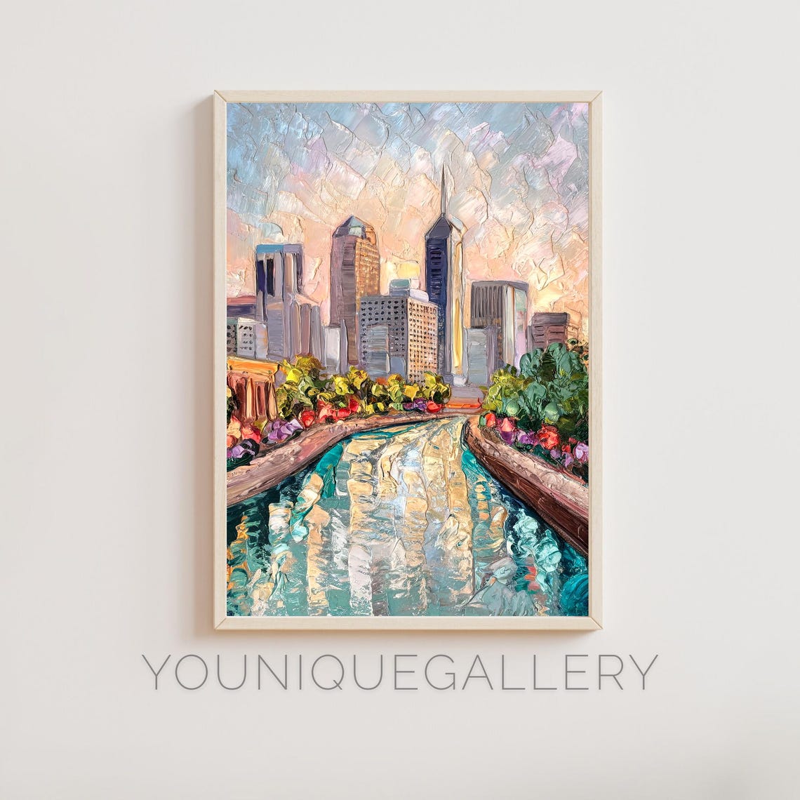 Indianapolis Canal Skyline Sunset Reflection Oil Painting Poster