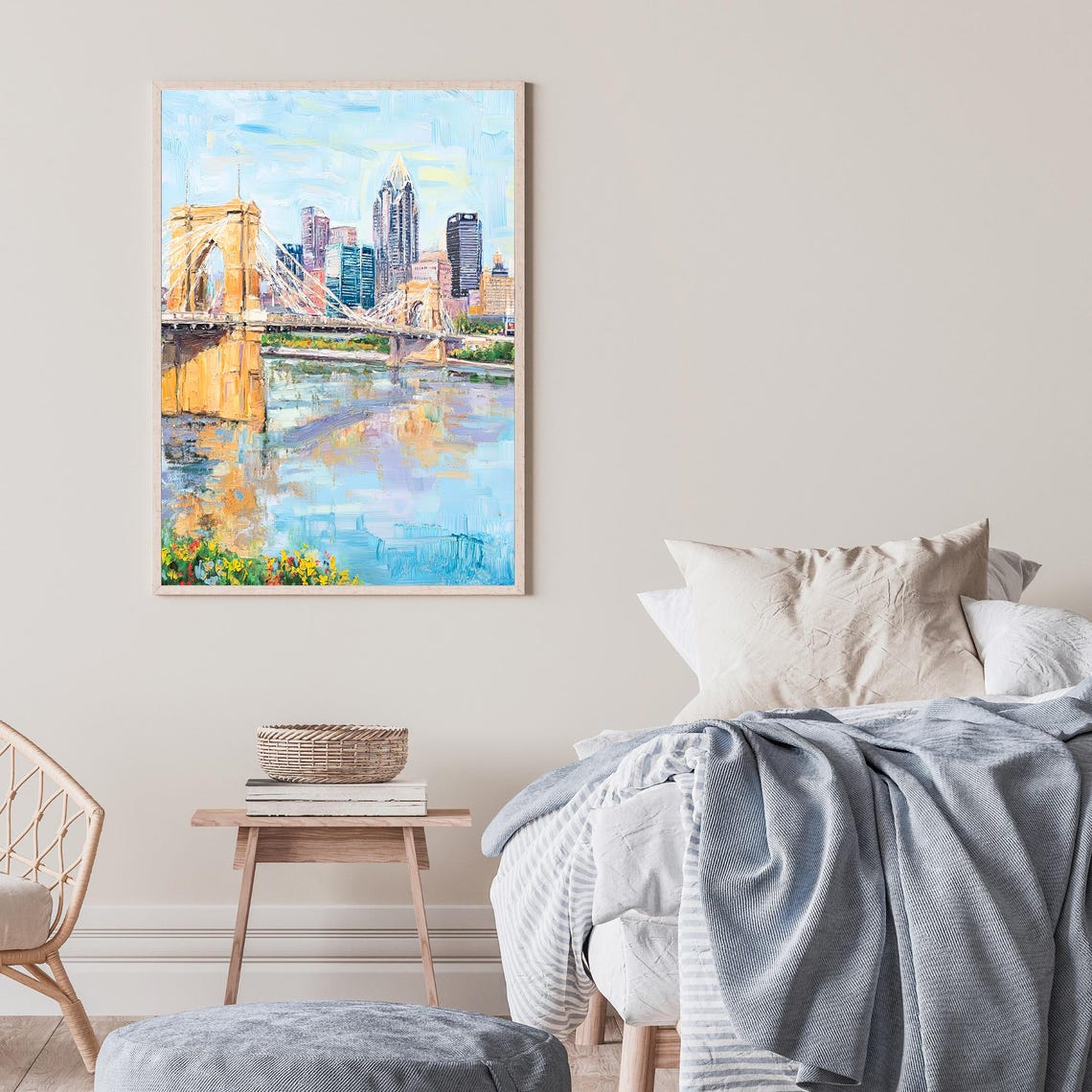 Suspension Bridge Riverfront Skyline Impressionist Oil Wall Art - Image 2