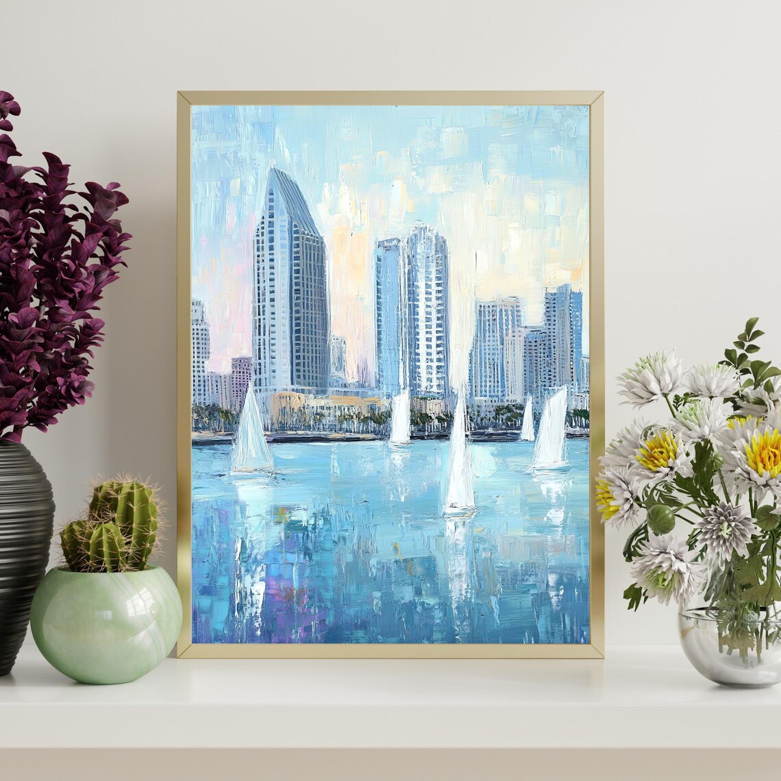 San Diego Bay Sailboats Skyline Blue Water Harbor Oil Painting Poster - Image 4