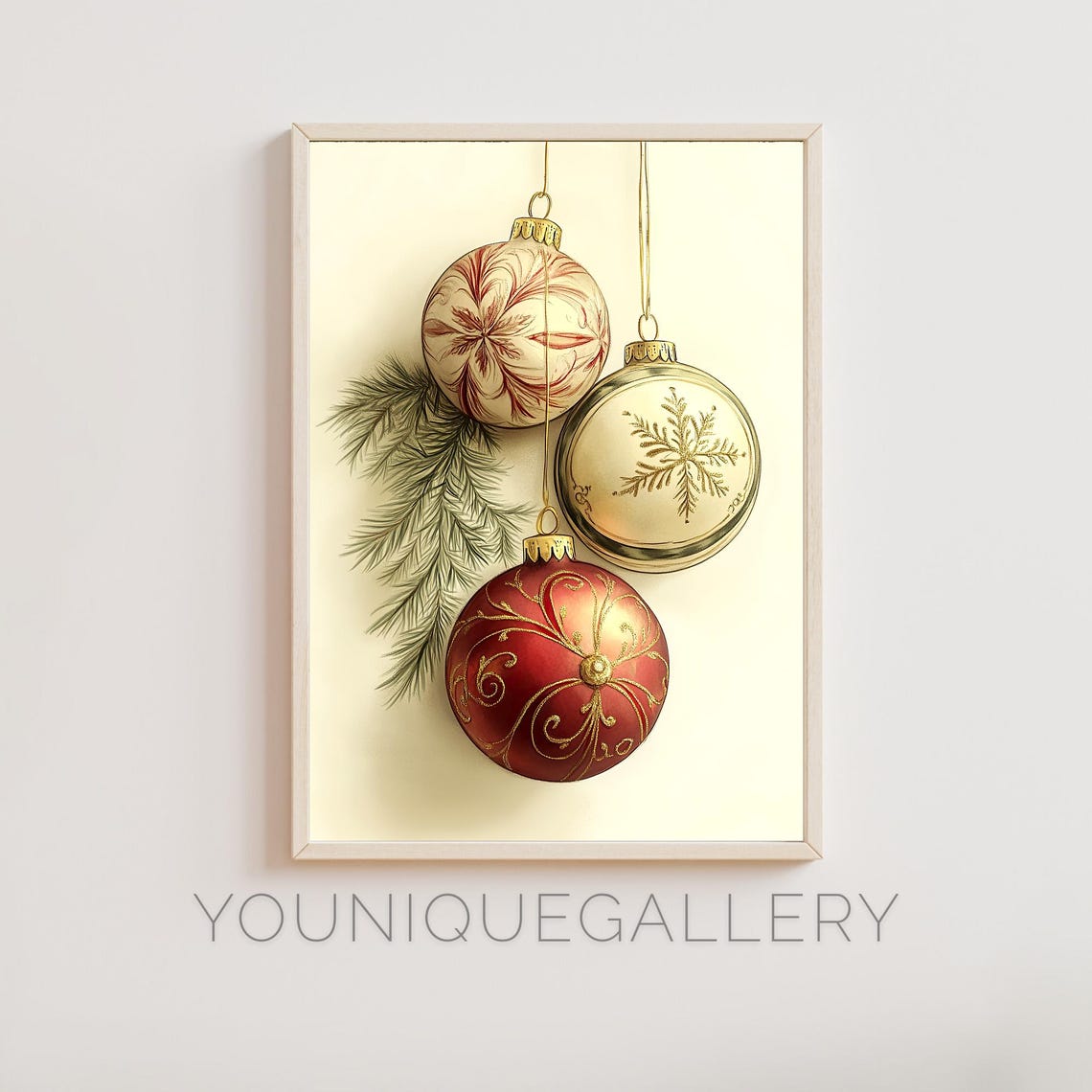 Elegant Christmas Ornaments Hanging With Pine Festive Art Poster