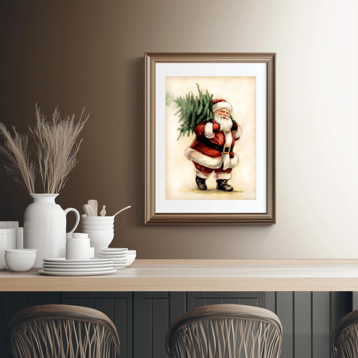 Vintage Santa Claus Carrying Christmas Tree Retro Holiday Poster - Image 2