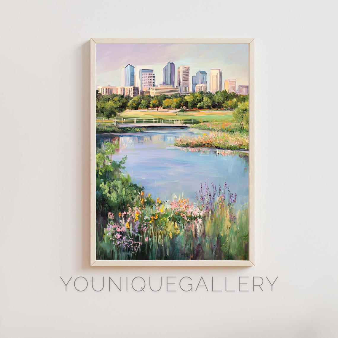 City Lake Wildflower Garden Bridge Skyline Impressionist Oil Wall Art