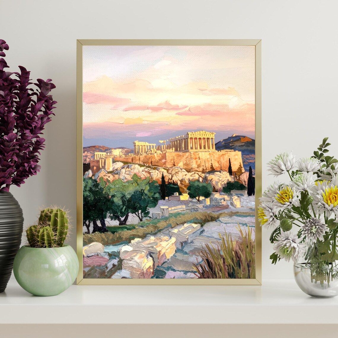 Acropolis Of Athens Greece Parthenon Golden Sunset Ancient Ruins Painting Poster - Image 4