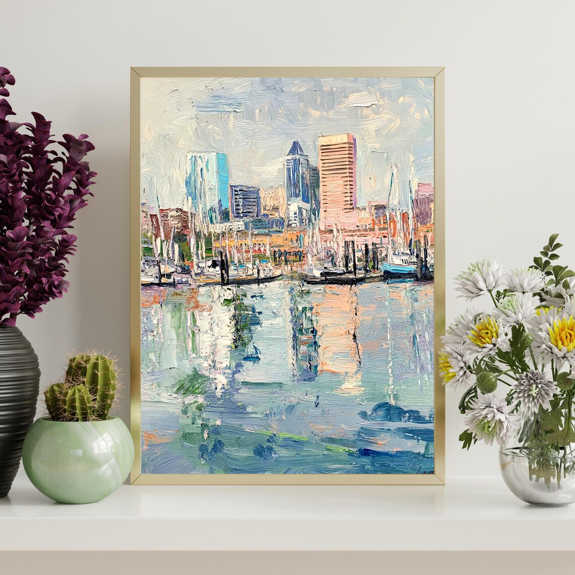 Baltimore Maryland Inner Harbor Marina Sailboat Oil Painting Poster - Image 4
