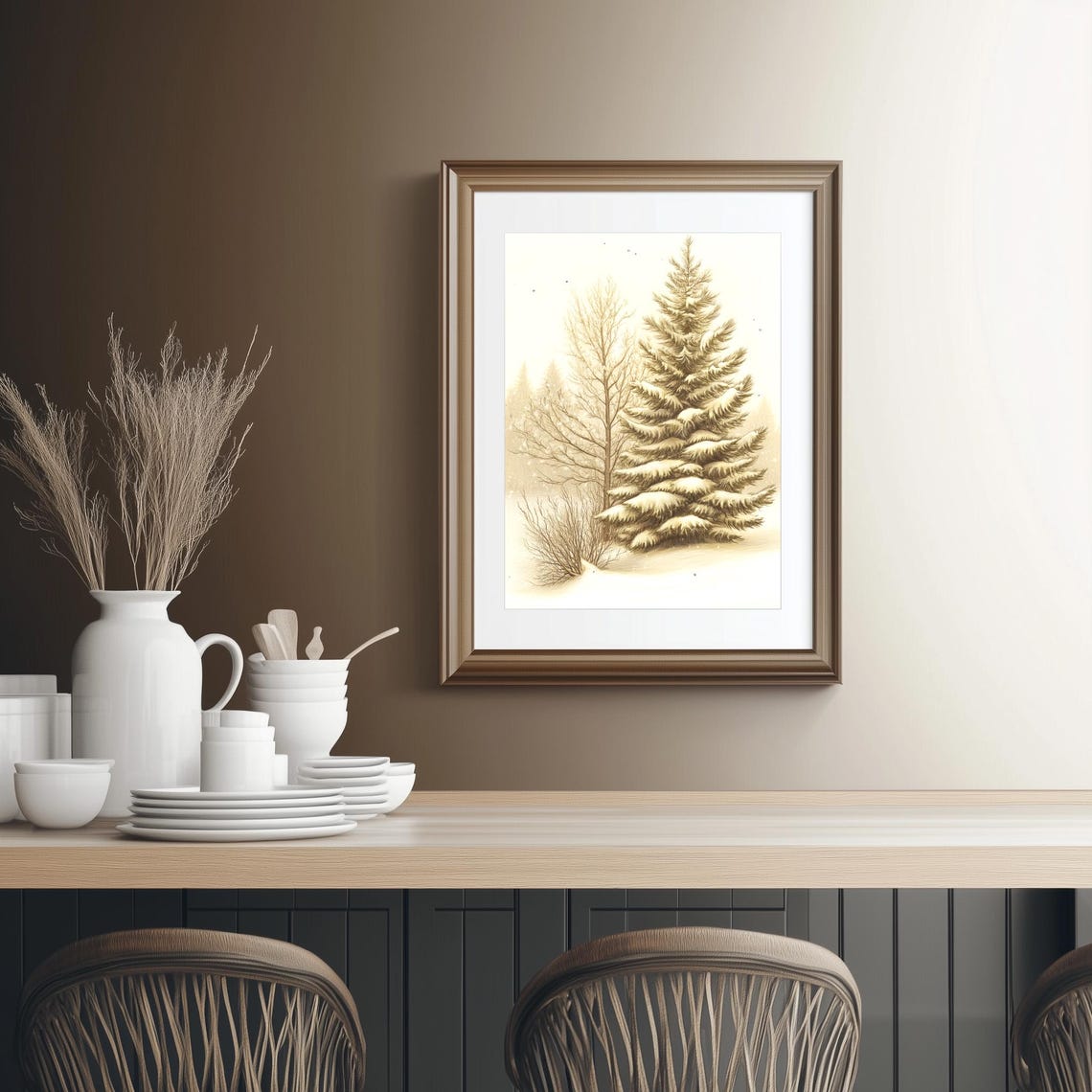 Snow Covered Pine Tree Winter Forest Landscape Sketch Poster - Image 2