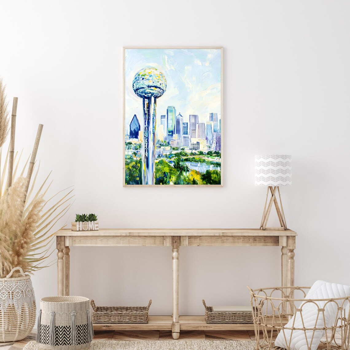 Dallas Reunion Tower Skyline City View Pastel Blue Oil Painting Poster - Image 3