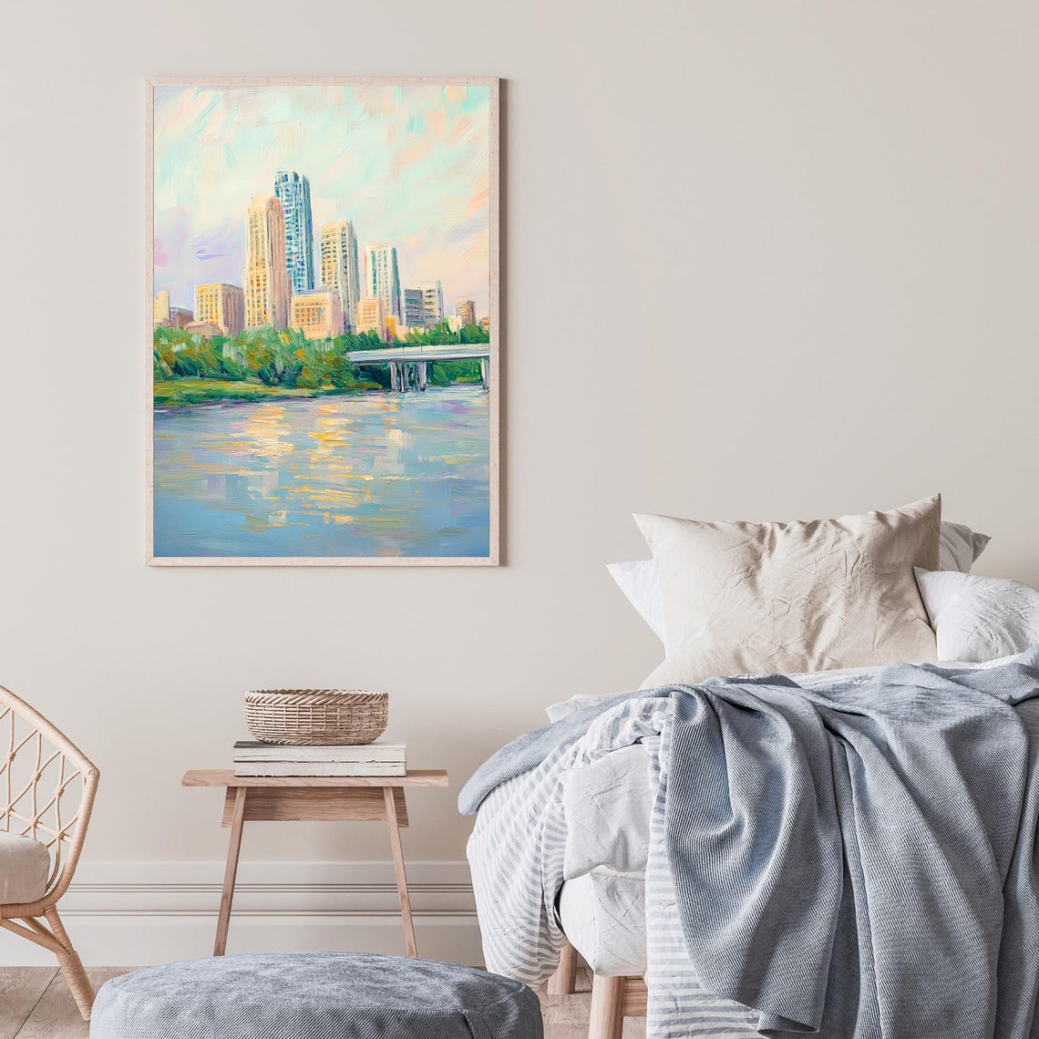 Omaha Nebraska Downtown Skyline Bridge River Oil Painting Poster - Image 2