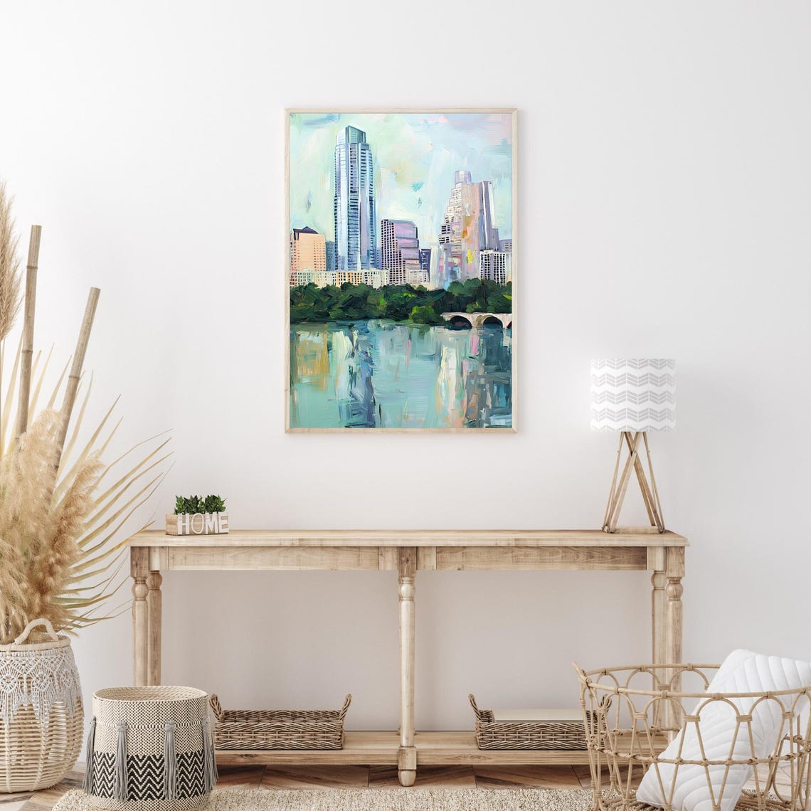 Austin Lady Bird Lake Skyline Bridge Reflection Green Trees Oil Poster - Image 3