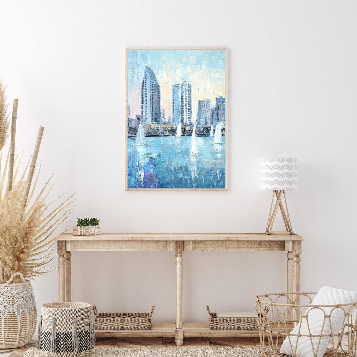San Diego Bay Sailboats Skyline Blue Water Harbor Oil Painting Poster - Image 3