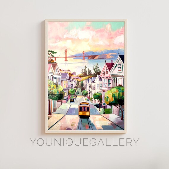 San Francisco Cable Car Steep Street Golden Gate View Painting Poster
