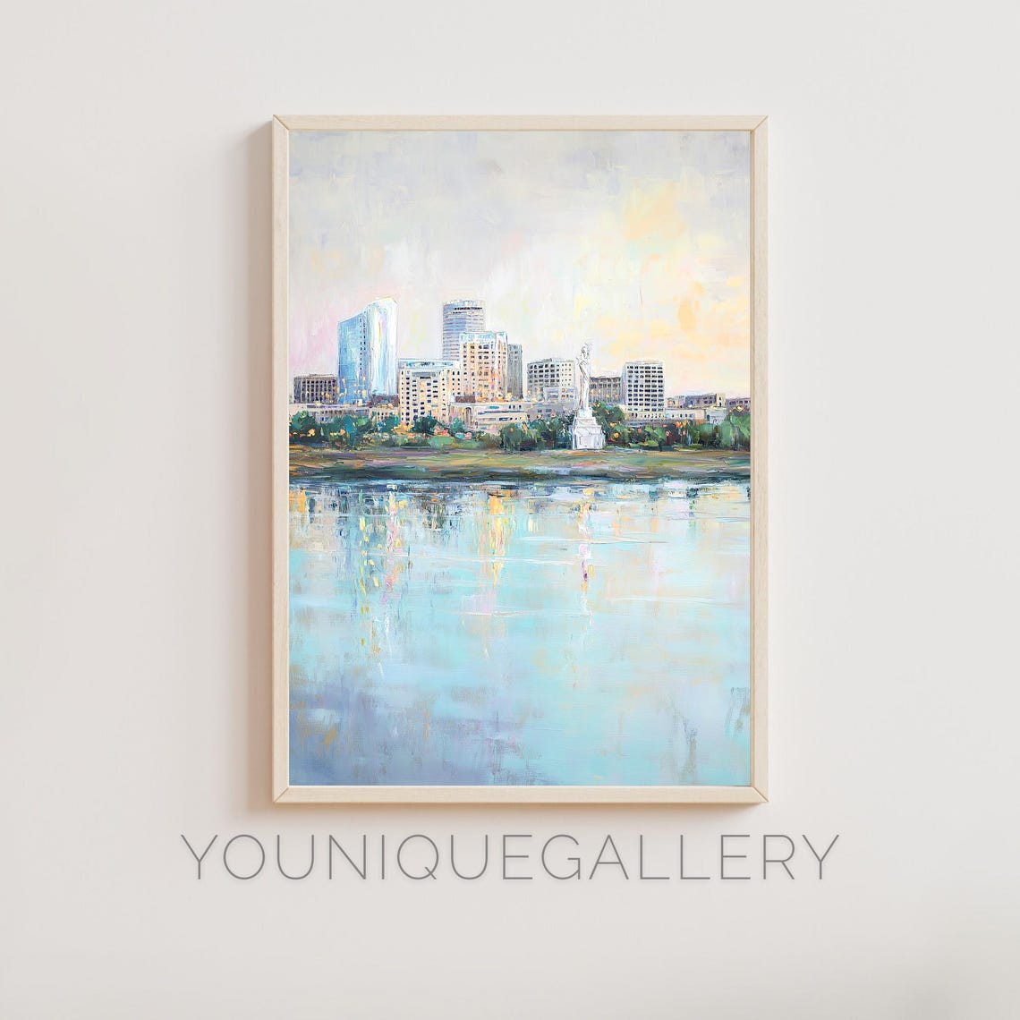 Waterfront City Skyline Soft Pastel Impressionist Oil Wall Art