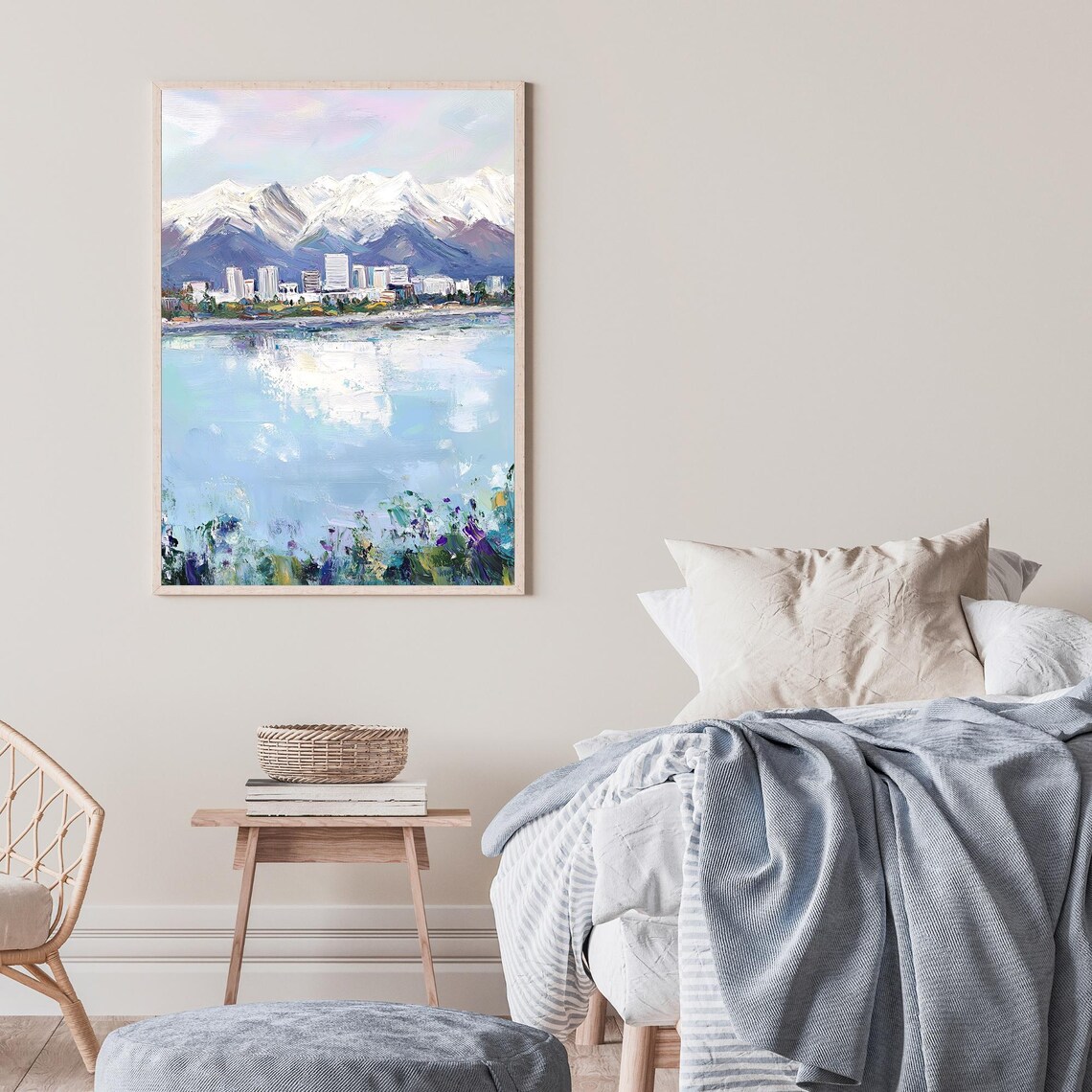 Snowy Mountain Lakefront City Skyline Winter Impressionist Oil Wall Art - Image 2
