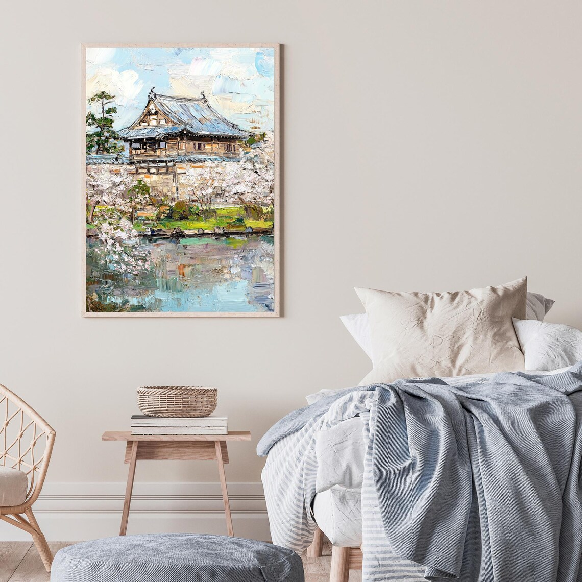Japanese Temple Cherry Blossom Pagoda Spring Pond Oil Painting Poster - Image 2