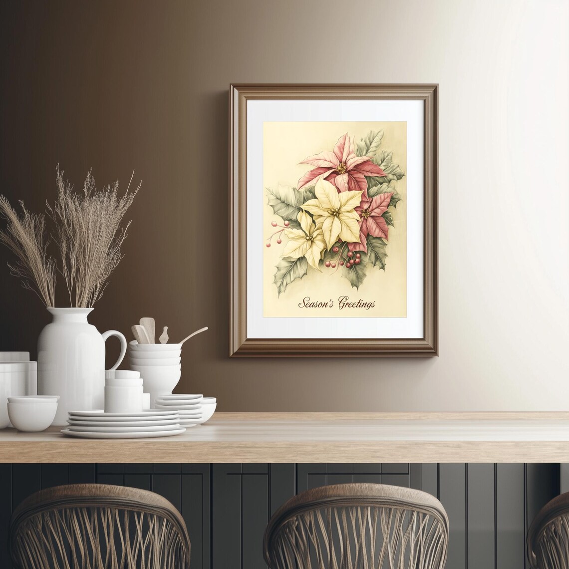 Seasons Greetings Poinsettia Vintage Floral Holiday Art Poster - Image 2