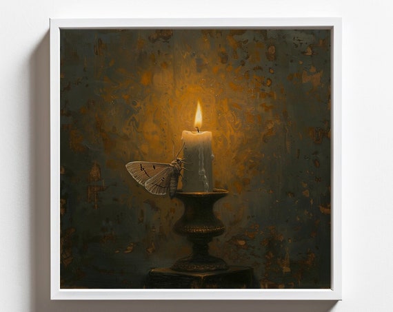 Vintage Oil Painting Of A Moth On A Candlestick Moth To A Flame Witchy Wall Art Dark Cottagecore Decor Candlestick Holder