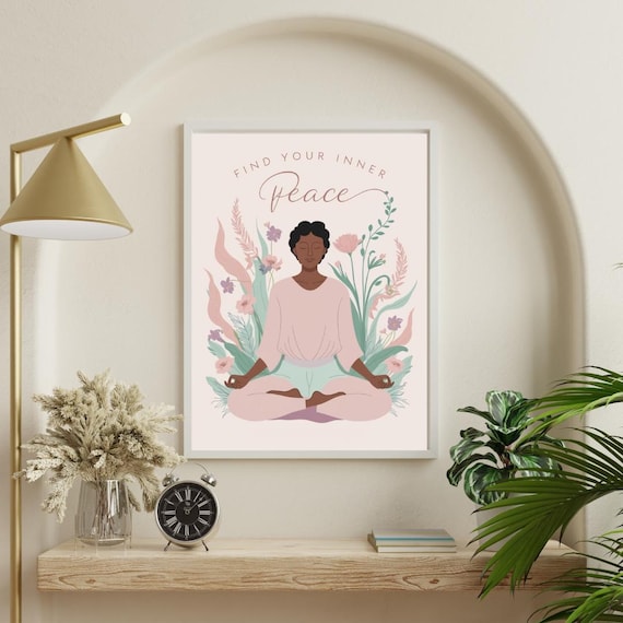 Find Your Inner Peace Meditating Woman Pastel Botanical Poster