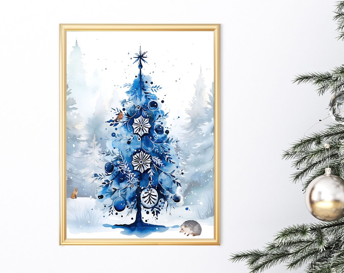 Blue Christmas Tree Ornaments Snowy Watercolor Holiday Art Print
