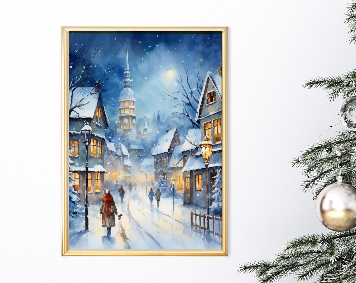 Blue Christmas Town Clock Tower Snowy Night Watercolor Art Print