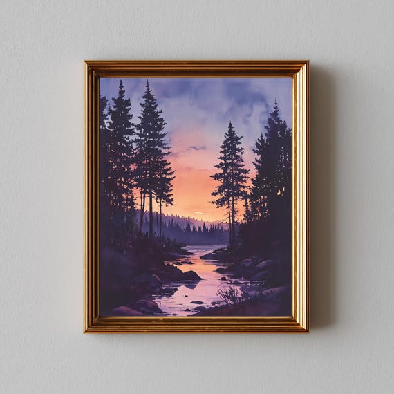 Twilight Forest Creek Scene Moody Sunset In Pine Silhouettes Rustic Nature Watercolor Serene Landscape Wall Art 310
