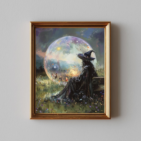 Vintage Witch In Moonlight Enchanted Forest Painting