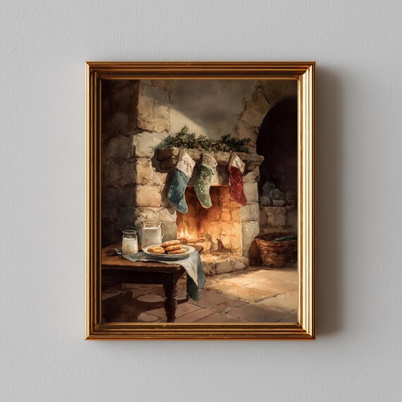 Rustic Christmas Stockings by Fireplace, Vintage Art Print