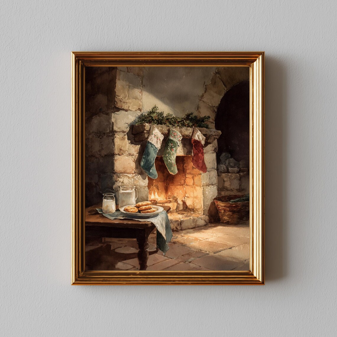 Rustic Christmas Stockings by Fireplace, Vintage Art Print