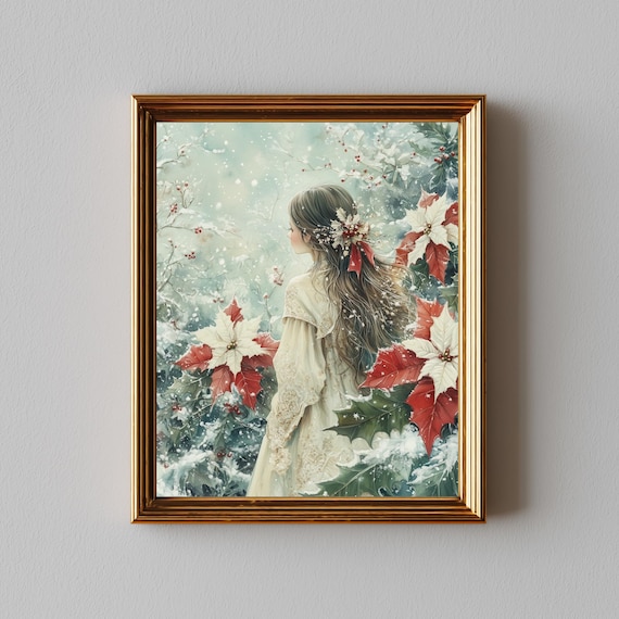 Boho Christmas Fairy Art Print, Vintage Watercolor