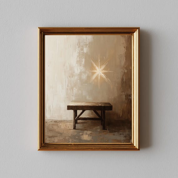 Rustic Minimalist Nativity Scene Holiday Wall Art Simple Oil Painting Vintage Christmas Decor Starry Night Display 197