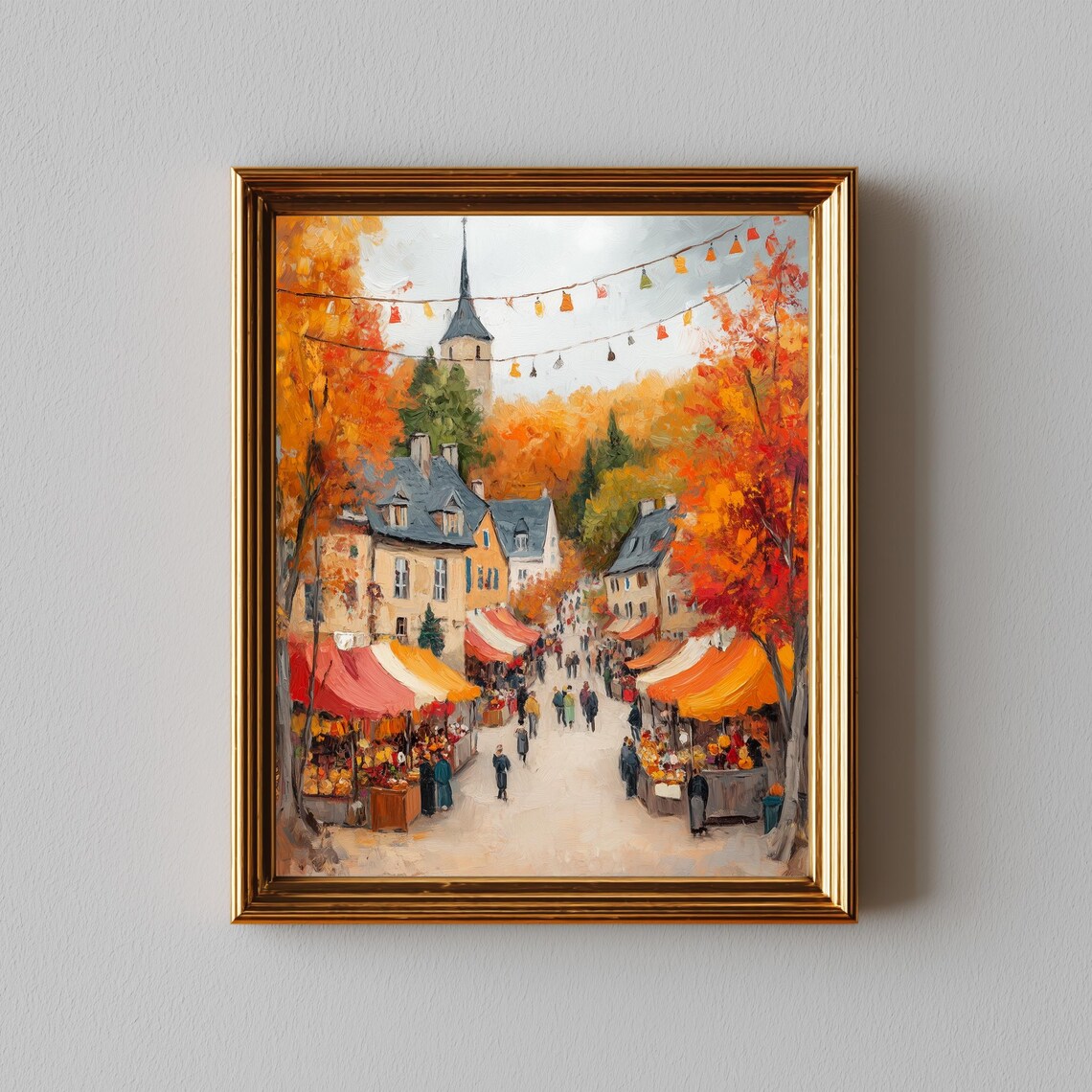 Autumn Festival Street Market Church Steeple Impressionist Poster