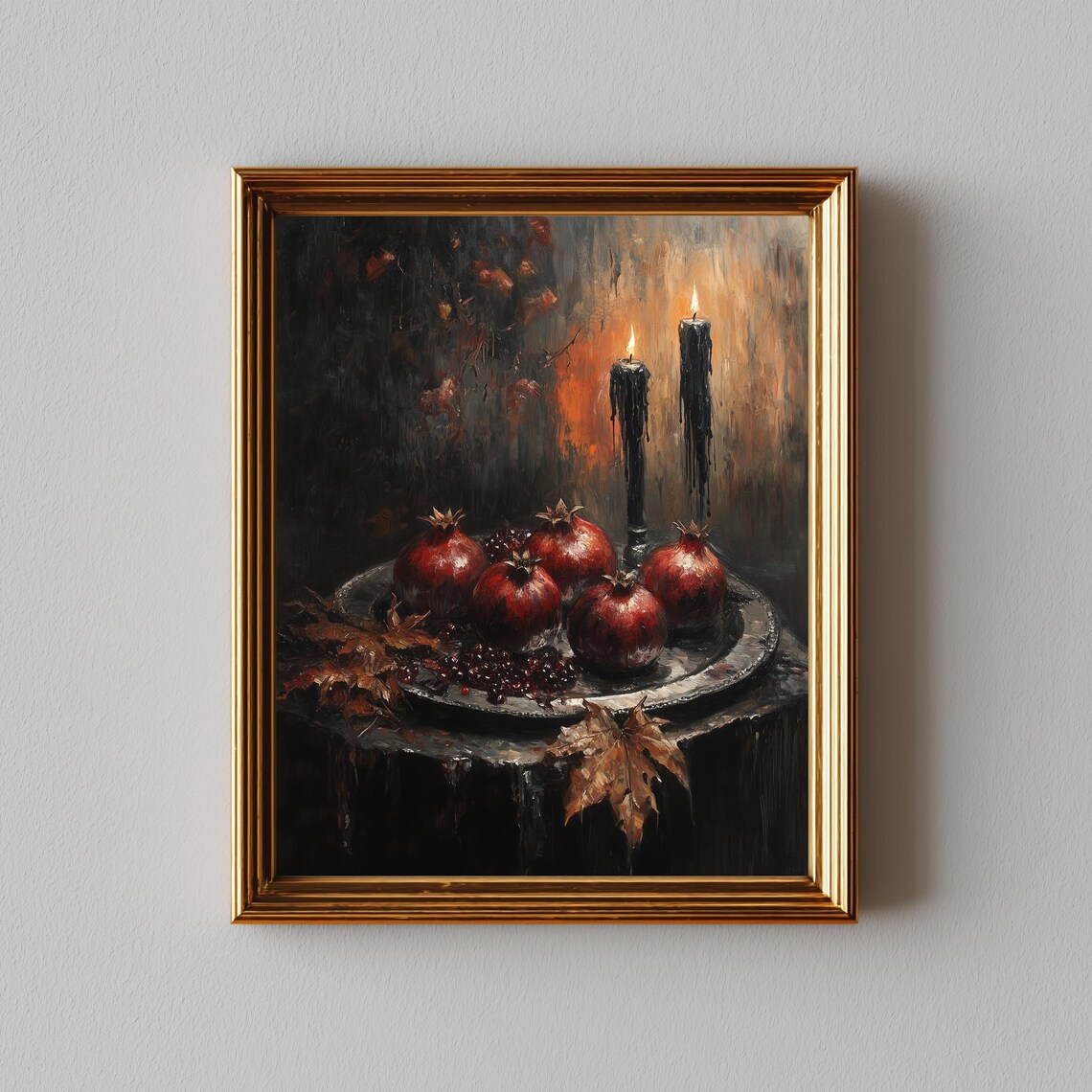 Moody Autumn Still Life, Vintage Candlelit Pomegranates