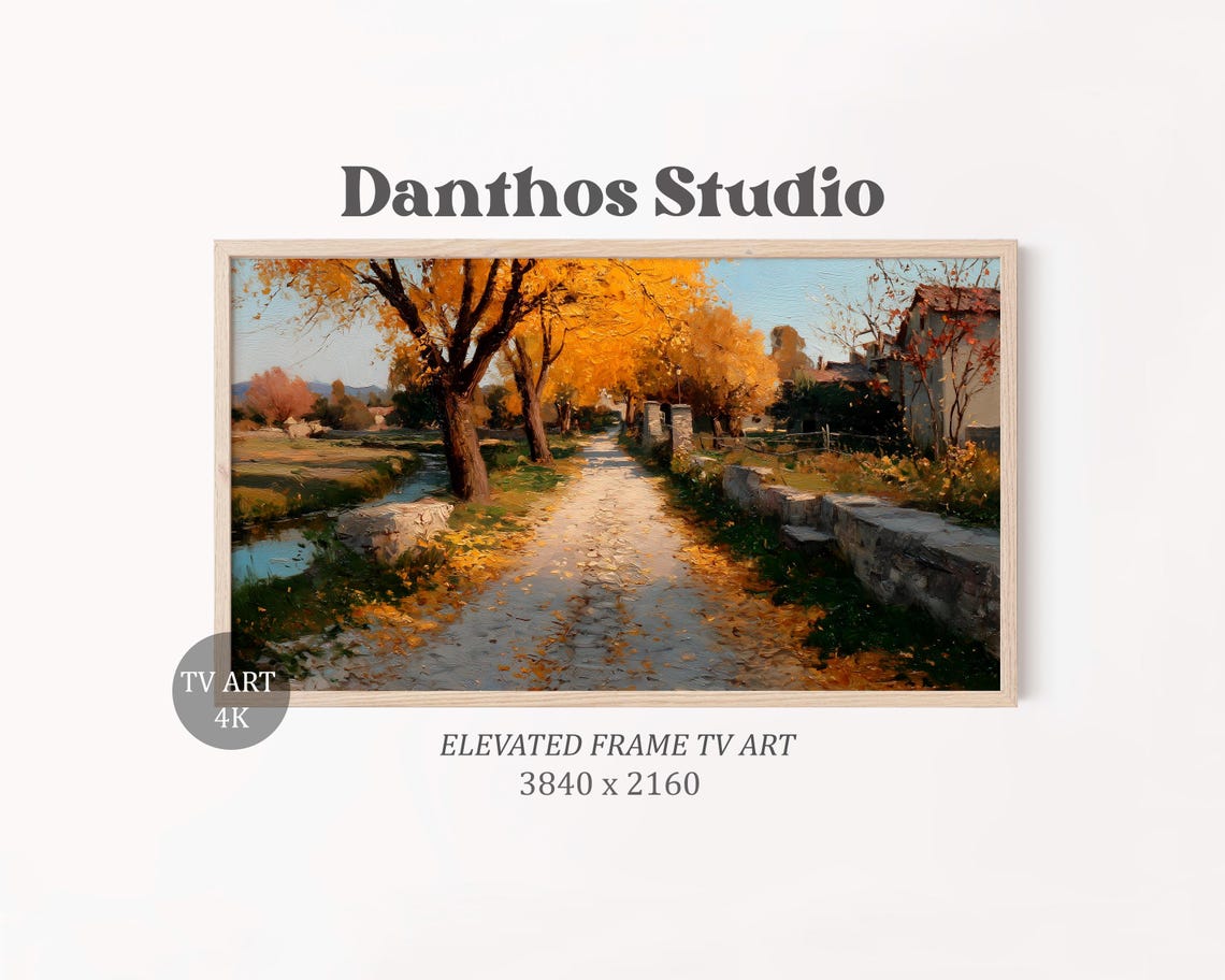 Rustic Autumn Country Lane Landscape Painting For Frame Tv Farmhouse Wall Art Cozy Fall Decor Impressionist 73