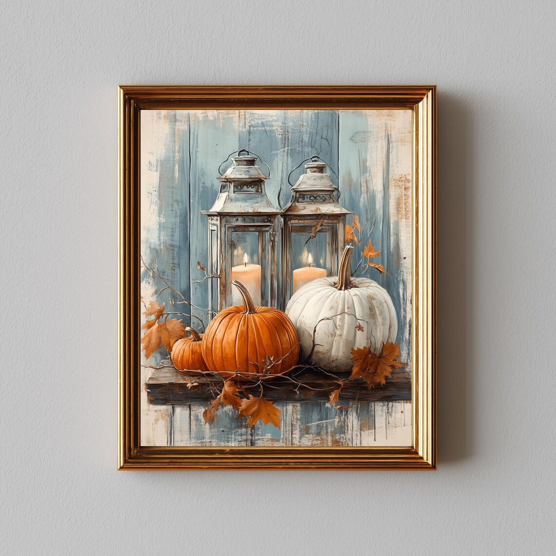Autumn Lanterns And Pumpkins, Vintage Still Life Art Print