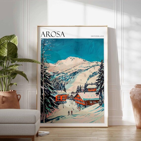 Arosa Switzerland Teal Sky Village Street Orange Chalets Poster