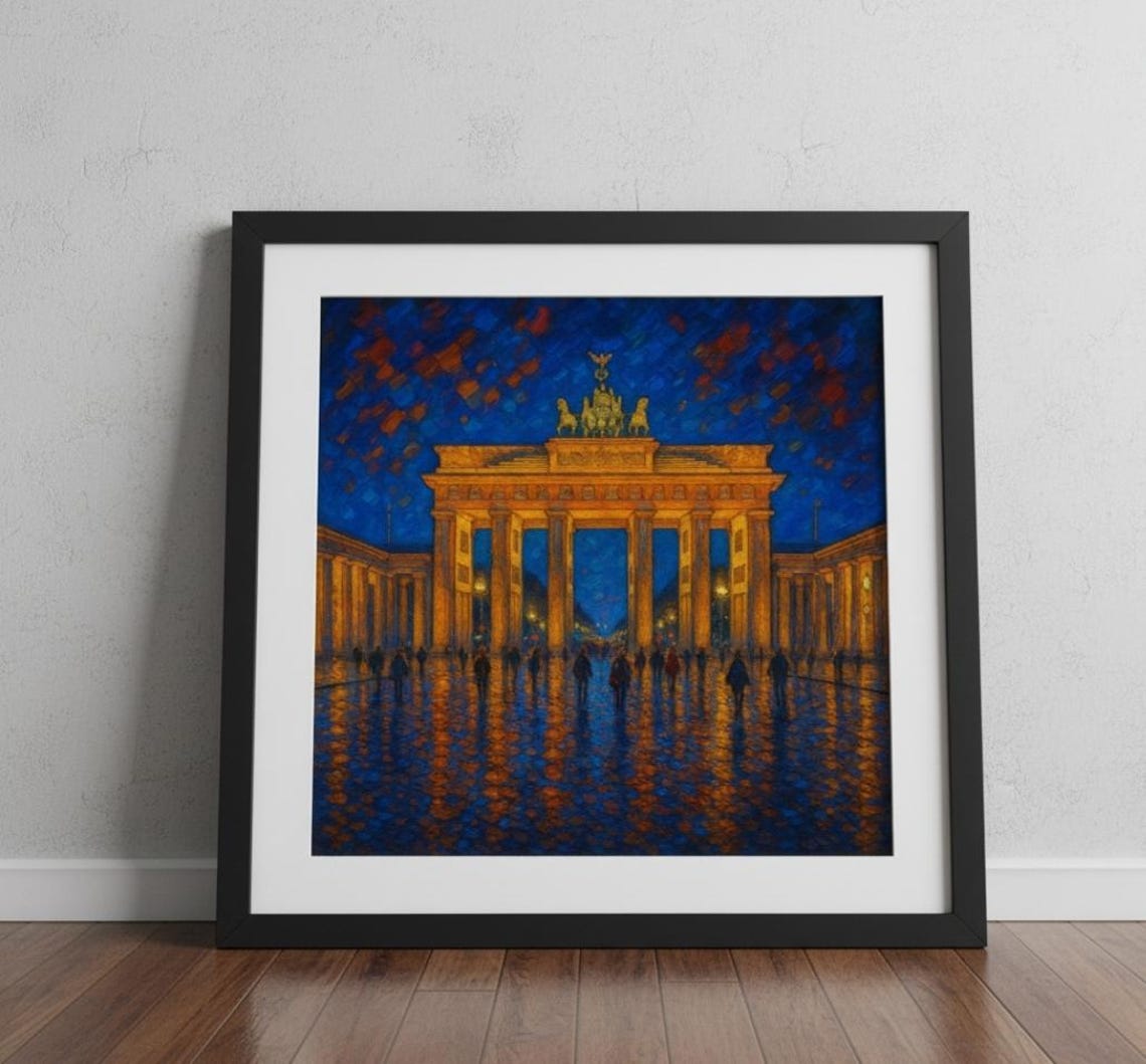 Berlin Brandenburg Gate Night Rain Wet Cobblestone Reflections Poster