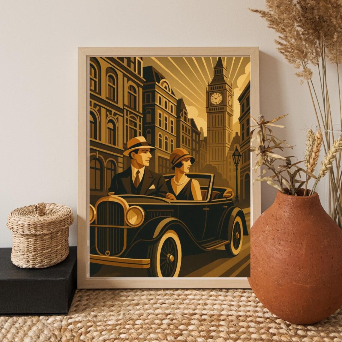 1920s London Vintage Car Couple Big Ben Art Deco Style Poster
