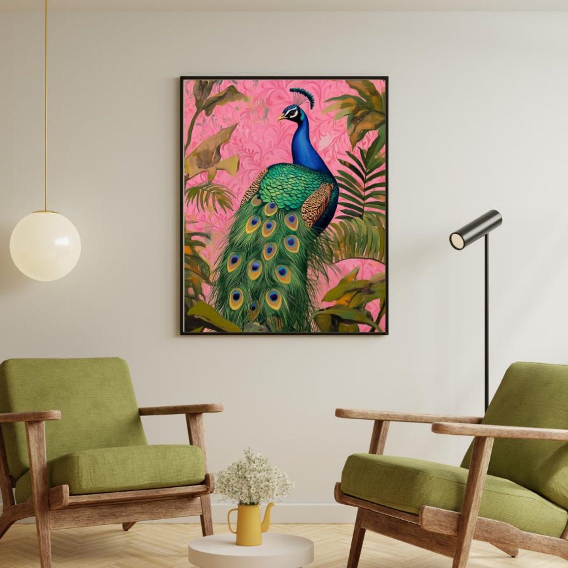 Pink Maximalist Peacock Portrait Tropical Bird Living Room Wall Art