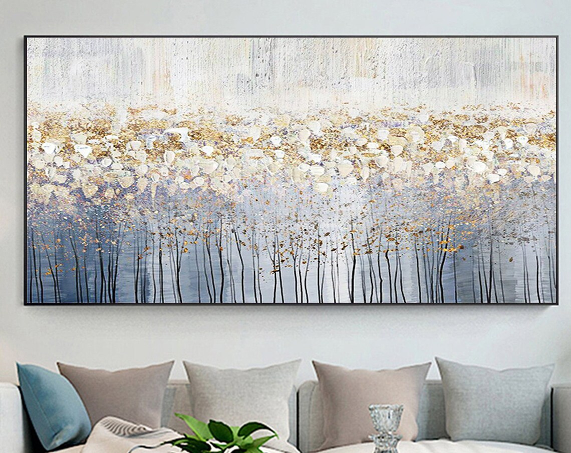 Silver Gold Birch Stems Minimalist Panoramic Oil Painting Art Print