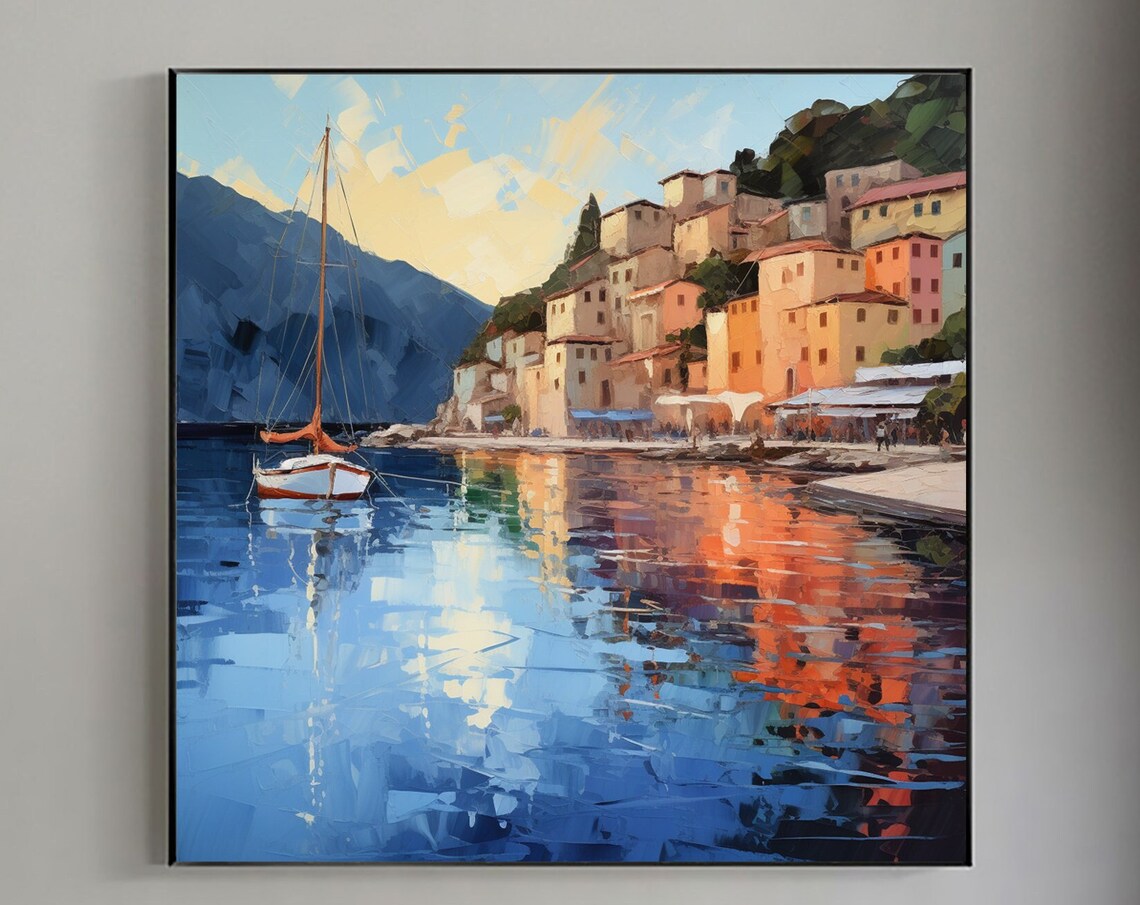 Mediterranean Coastal Town Sailboat Reflection Oil Painting Art Print