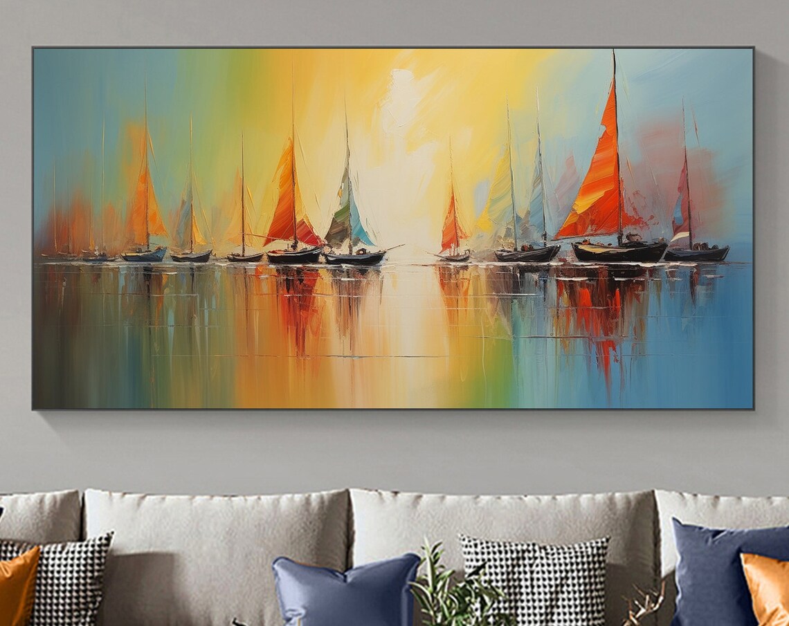 Sailboats at Sunrise Orange Sails Misty Harbor Morning Poster