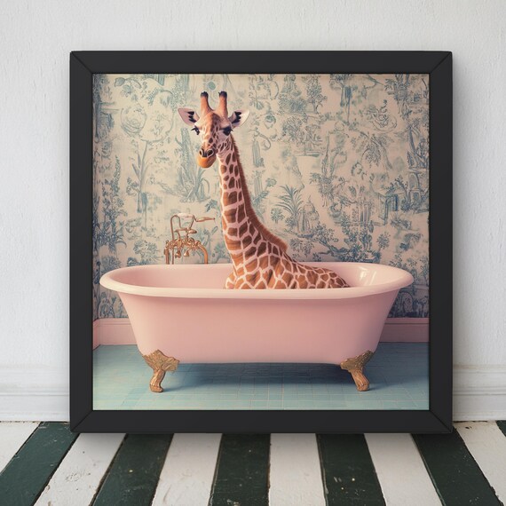 Vintage Giraffe Bathroom Art Print, Fun Animal Decor